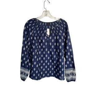 Talbots Long Sleeve Blouse V Neck Top Navy White Printed Size Medium NEW